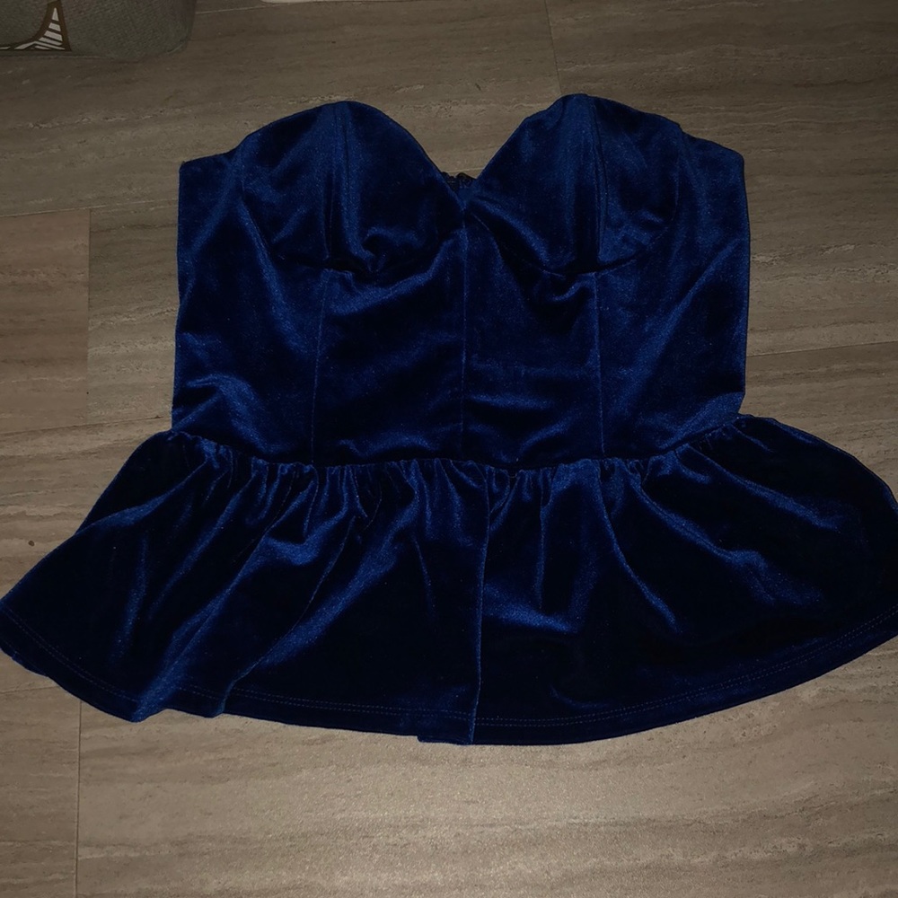 Blue velvet strapless holiday top